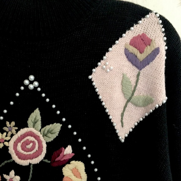 Cristina Multi-Colored Embroidered Floral with Pearls Crew Neck Black Sw… - Picture 4 of 11